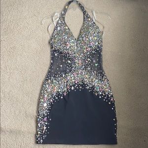 Jovani beaded short halter formal dress